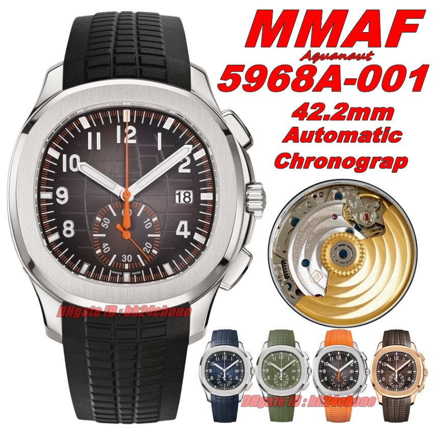 MMAF Luxury Watches MMA V3 42.2mm Stainless Steel Chronograph Automatic Mens Watch Black Dial Rubber Strap Gents Sports Wristwatches 5968A-001