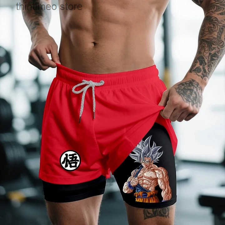 Dragon Ball Anime Gym Shorts Man Summer NOUVEAU femmes Sports Double-couche 2-en-1 Pantalon d'entraînement à séchage rapide Shorts de plage S2508