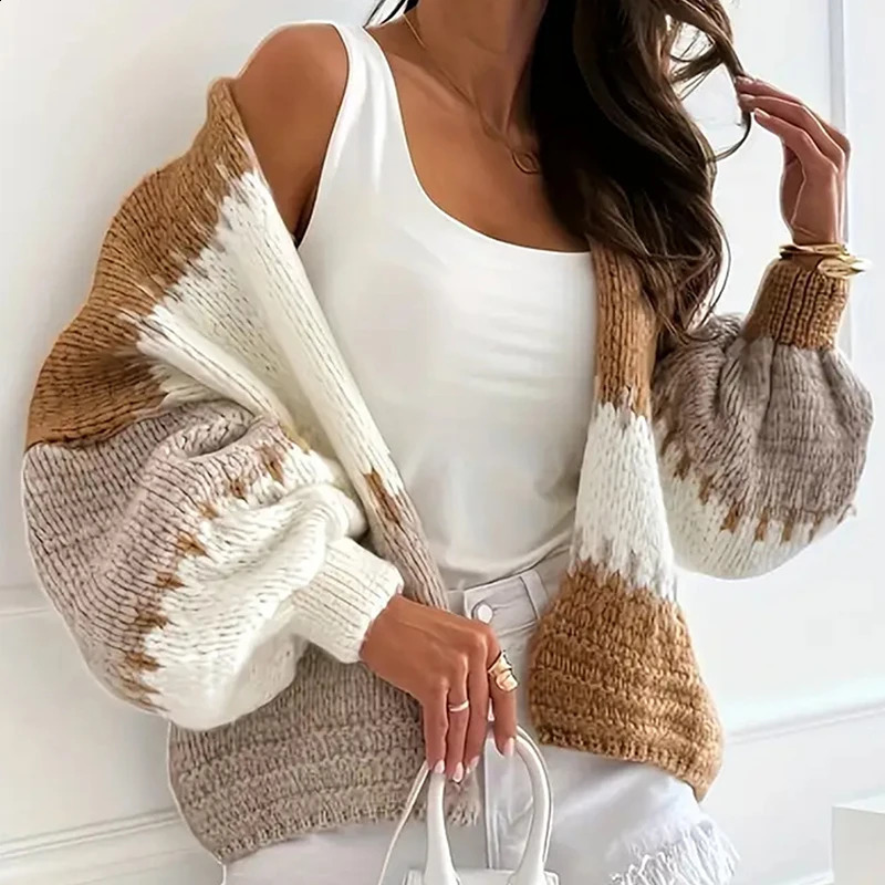 Automne vneck womens tricot manteau loisir hiver chaude et lâches de trajet sombres de contraste élégant lanterne lanterne à manches longues card