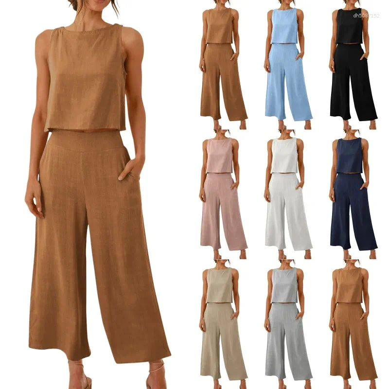 Women's Two Piece Pants 2025 Summer Tops Cotton Linen And Wide Leg Casual Sleeveless Set Office Lady Suit Clothes