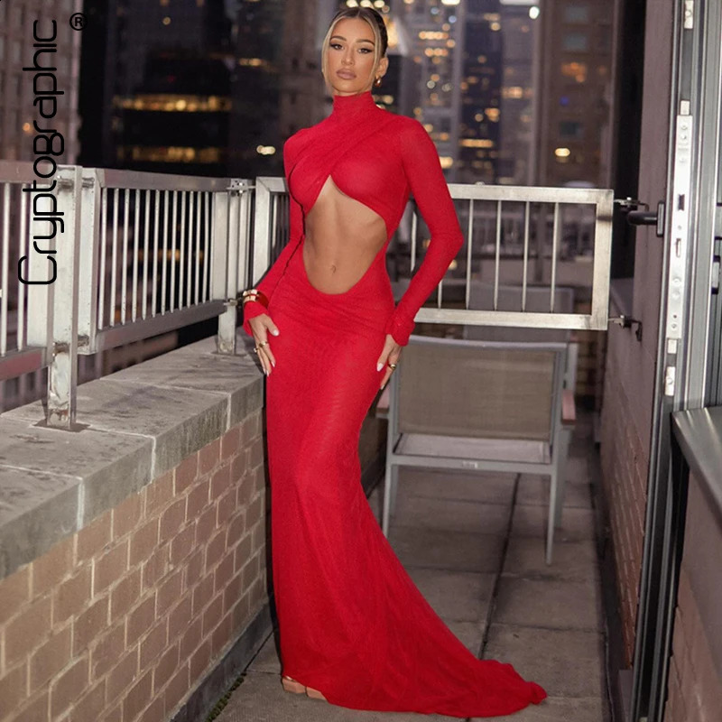 Cryptographic Elegant Red Cut Out Uxi MAXI Robe For Women Party Club Tenues à manches longues Robes d'anniversaire de robe arrière sexy 250808