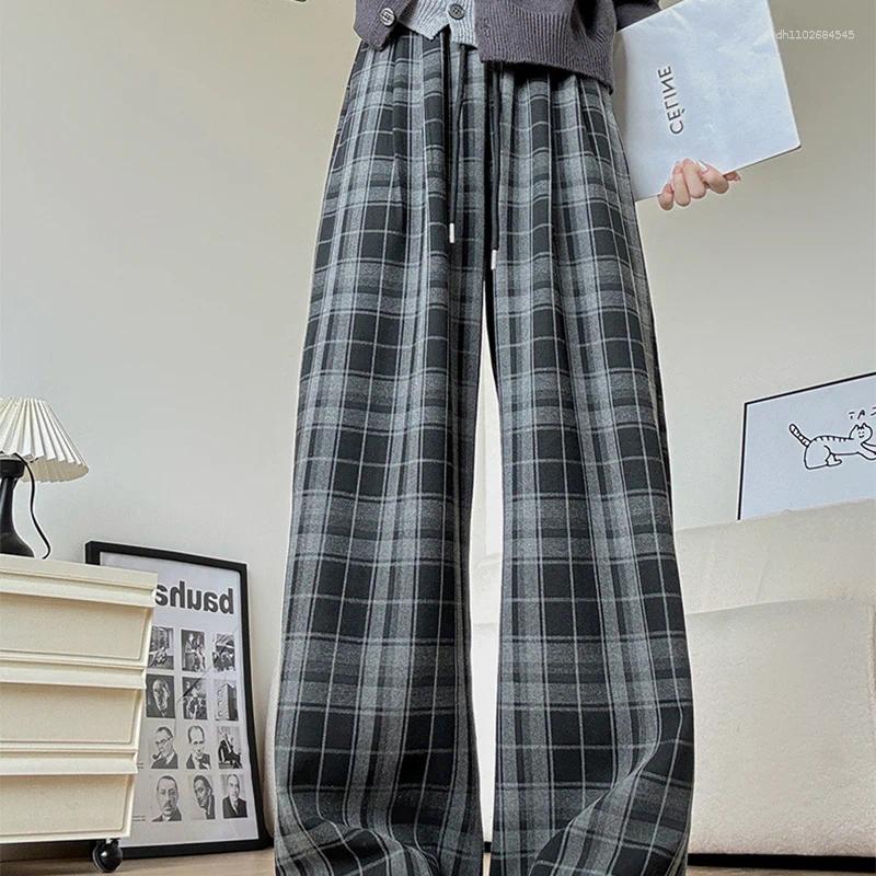 Women's Pants Casual Mix Color Plaid Trousers For Woman 2025 Loose Wide Leg Spring Autumn Lace Up High Waist Mujer
