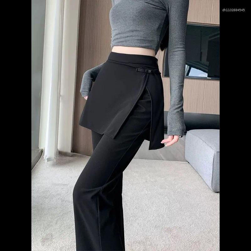 Women's Pants Chinese Style High Waist Black Cropped Summer Lightweight Slimming Straight Tube Fake Two-Piece Skirt
