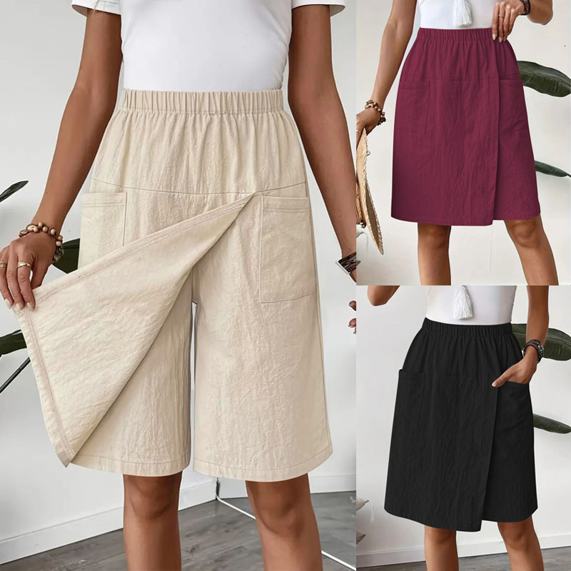 2025 Split Hem à moitié large jambe à cinq points d'été décontracté couleurs de couleur un pantalon à jupe courte pour femmes