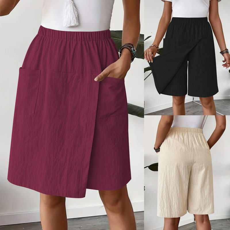 Plus taille divisée chrenage jupe femme d'été décontracté couleur solide de couleur large jambe à cinq points pantalon