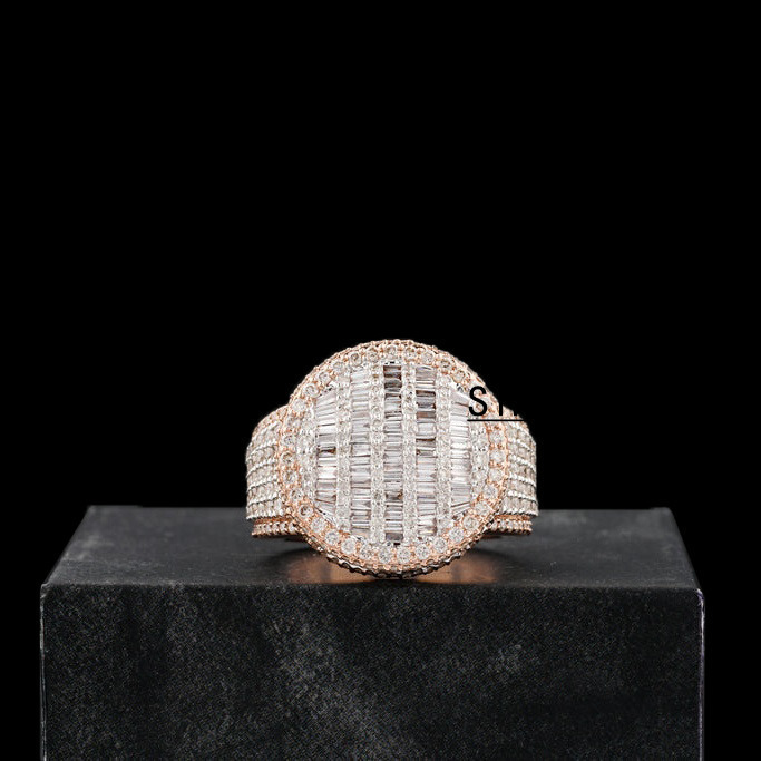Custom Iced Out Ring VVS Baguette Moissanite 925 Silver Rose Gold Plated Hip Hop Moissanite Ring