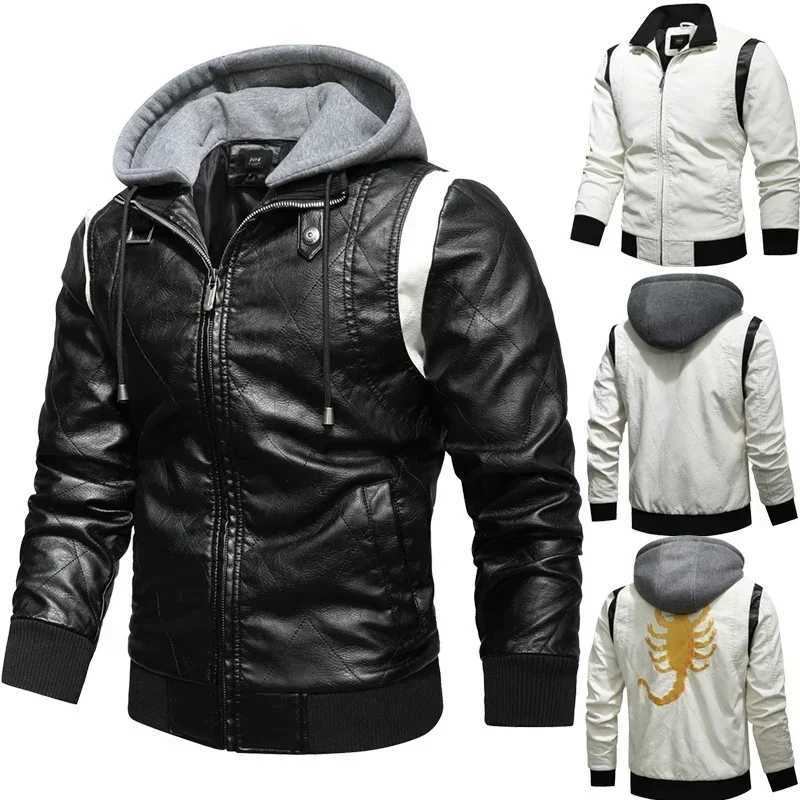 Autumn Winter Bomber Leather Jacket Men Scorpion Embroidery Hooded Jacket PU Leather Motorcycle Mens Ryan Gosling Drive Jacket W250815