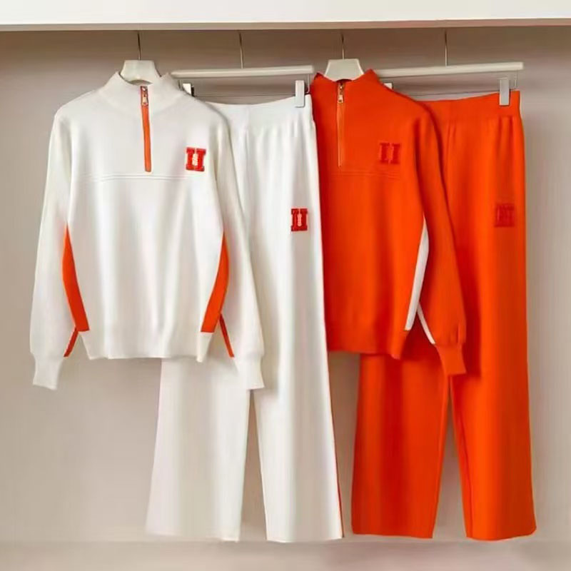 European and American plus-size women's casual sportswear, zipper high-neck long-sleeved top, letter wide-leg pants, knitted two-piece set