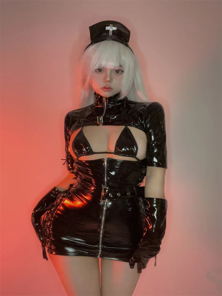 Erotic Sexy Leather Dress Backless Female Bodysuit PU Lingerie Femme for Sex American Clothing Gay Pole Dance Latex Sexi Catsuit 250811