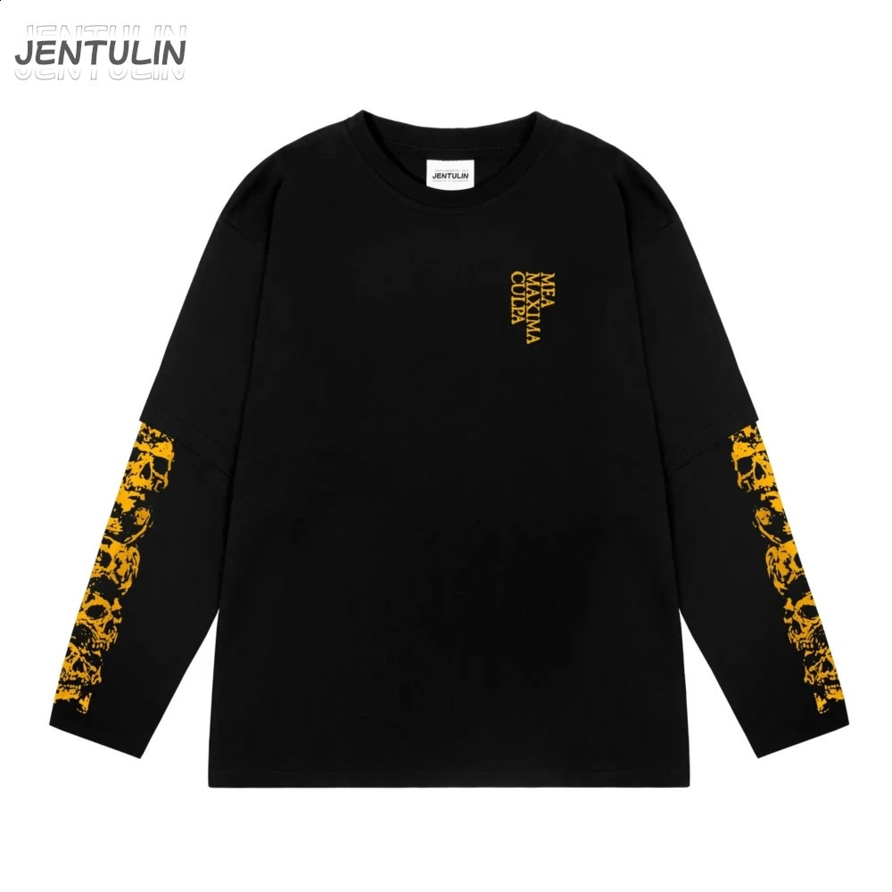 Harajuku Oversize Streetwear Mens Tshirt justice Graphic Print Hip Hop Korean Clothing Fake Two Pieces Long Sleeve Top Goth Y2k 250811