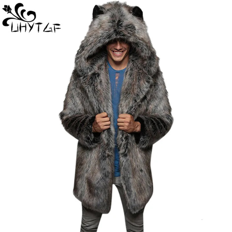Mens Faux Fur Coat Long Sleeve Hooded Thick Warm Jackets Male Plush Fluffy Cardigan Casual Parka Snow Wear Winter Fur Coat 512250813