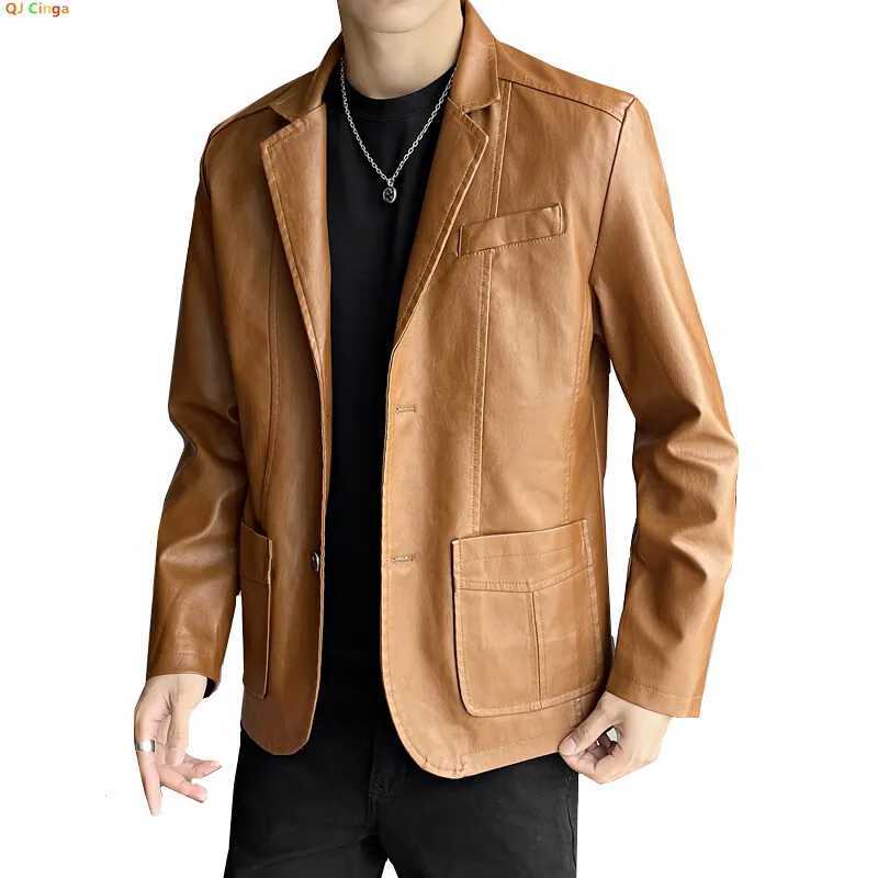 Khaki Mens PU Jacket Dark Blue Burgundy Black Coat Asian Size Slim Leather Blazers M-5XL 2025 New W250815