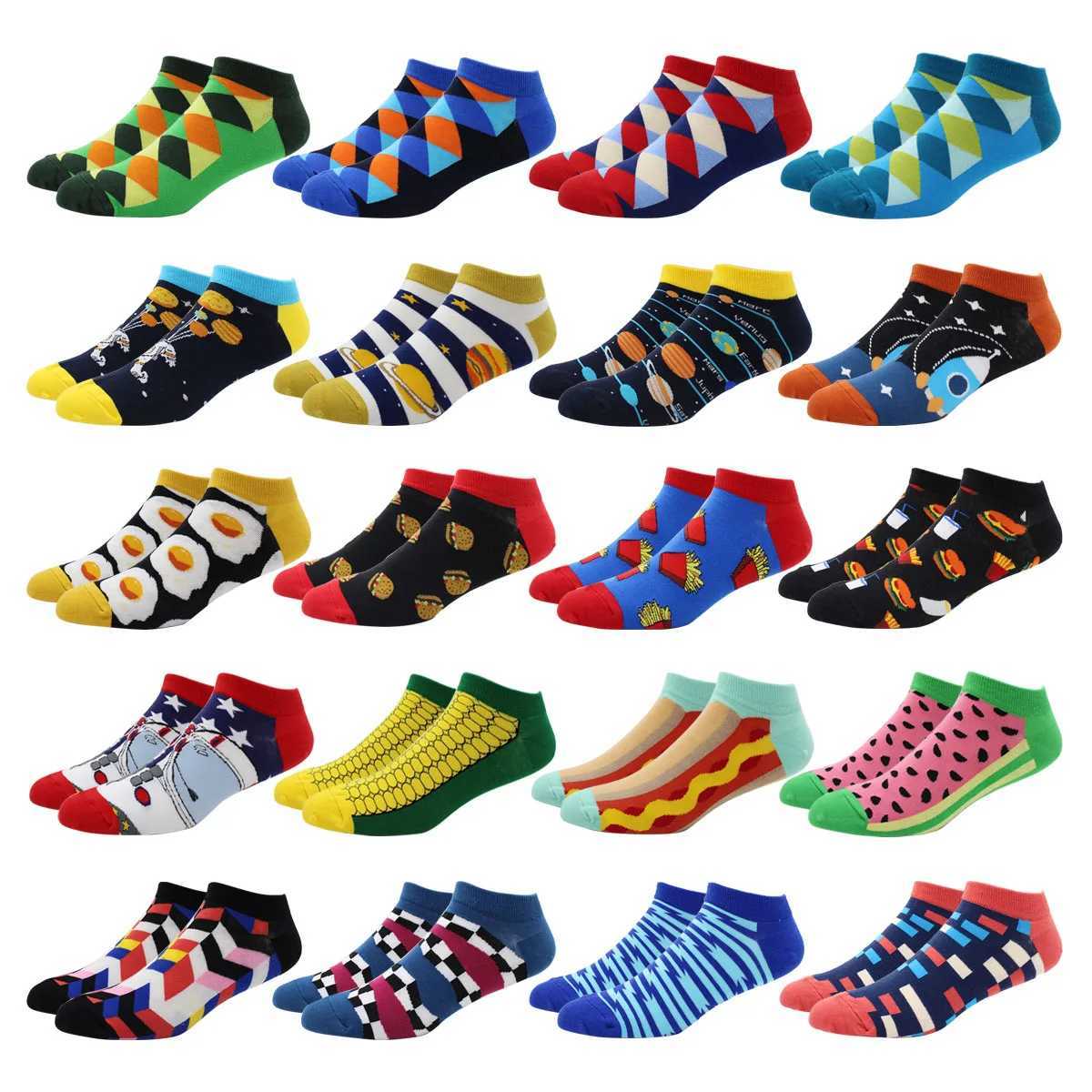 5 Pairs Novelty Fashion Colorful Casual Ankle Short Socks Harajuku Grid Space Cotton Happy Funny Women Men Socks Size EU39-46 W250815