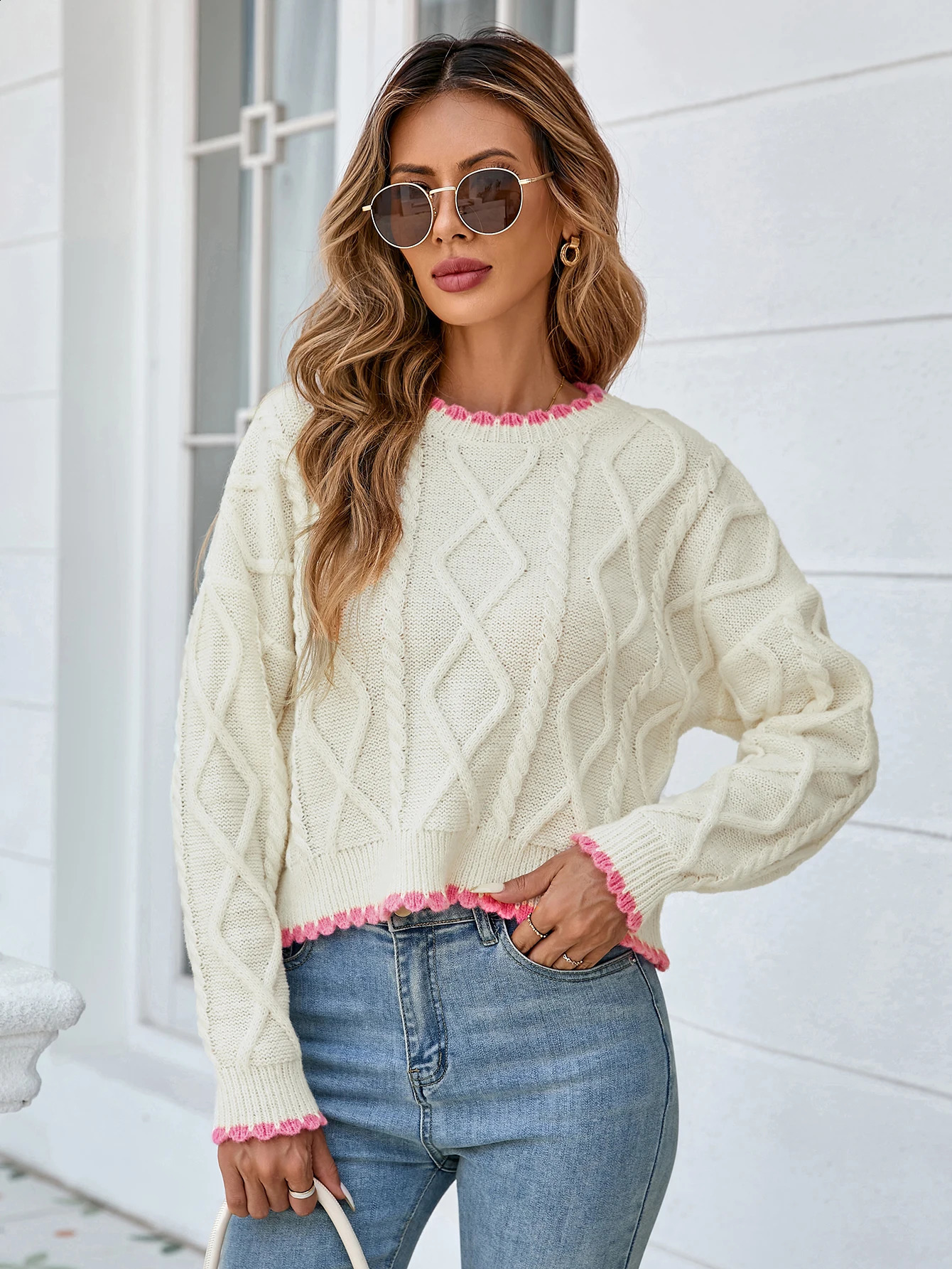 3D threedimensional pattern color contrast sweater Simple autumn and winter loose womens 250815