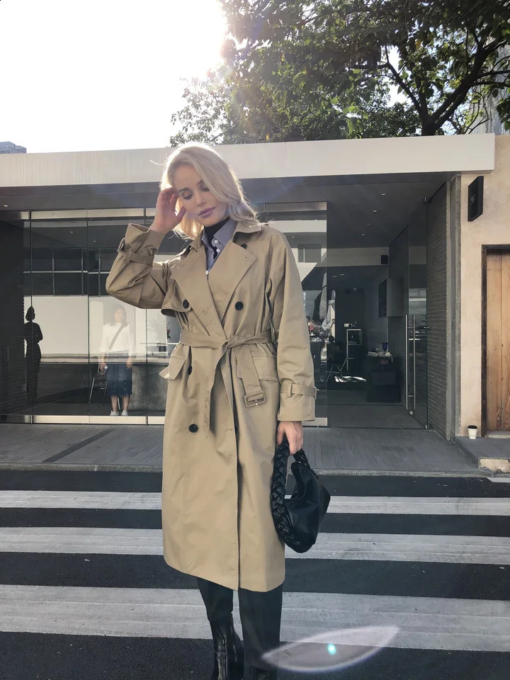 UK Fashion Fall Autumn Casual Double breasted Simple Classic Long Trench coat with belt Chic Female windbreaker 250815
