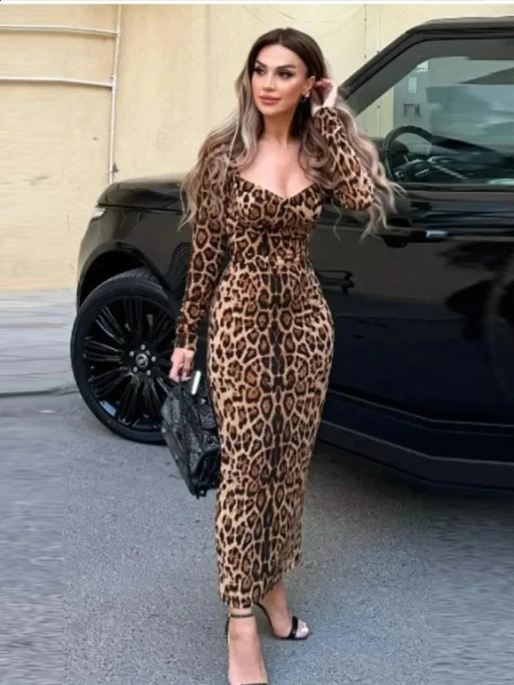 Chic Leopard Printed Low Cut Maxi Dresses Women Elegant Long Sleeve Wrap Hip High Waist Bodycon Robes Female Party Vestidos 250808