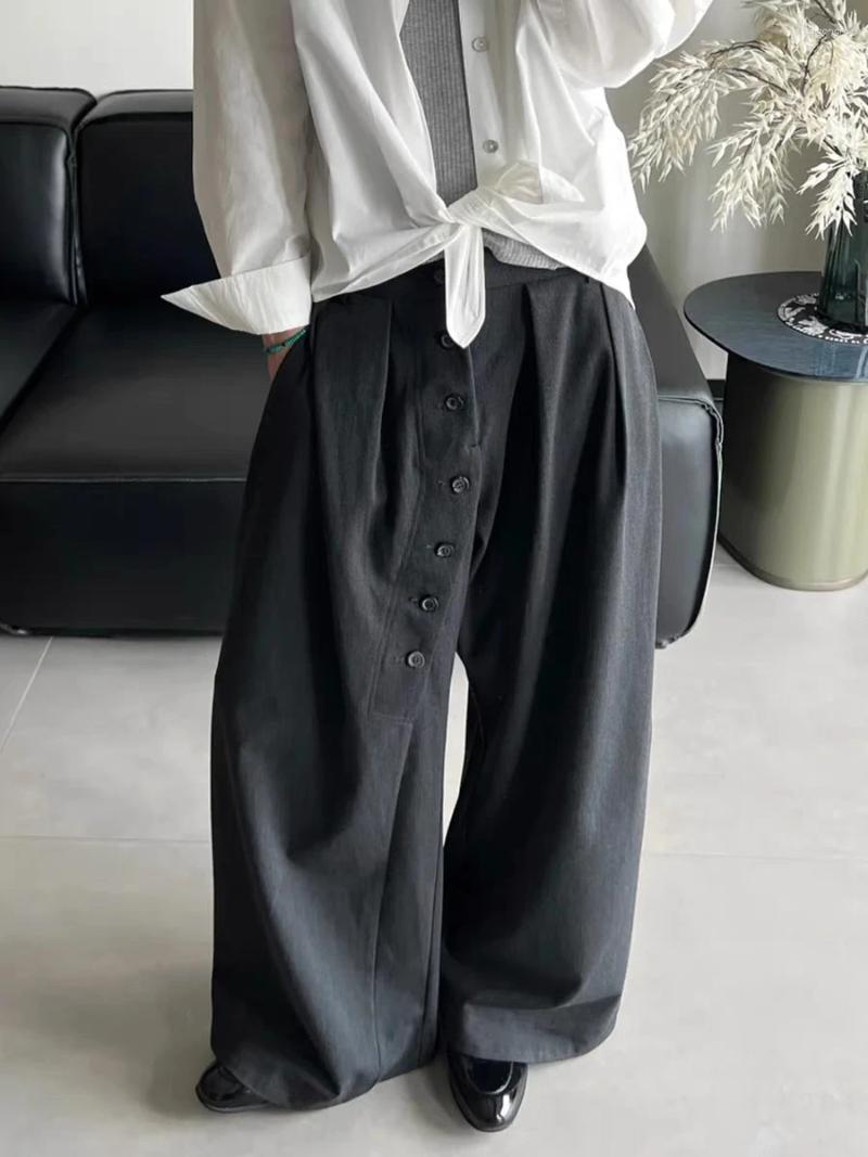 Costumes masculins pantalon de jambe large lâche pantalon décontracté vintage conception de bouton circulaire plies en direct