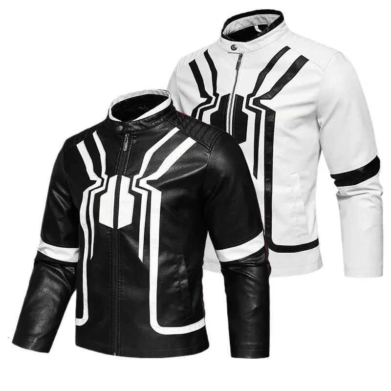 New Mens Leather Motorcycle Veste Art Embroderie Couleur PU Le cuir en cuir noir et blanc Patchwork Couleur Veste en cuir W250815