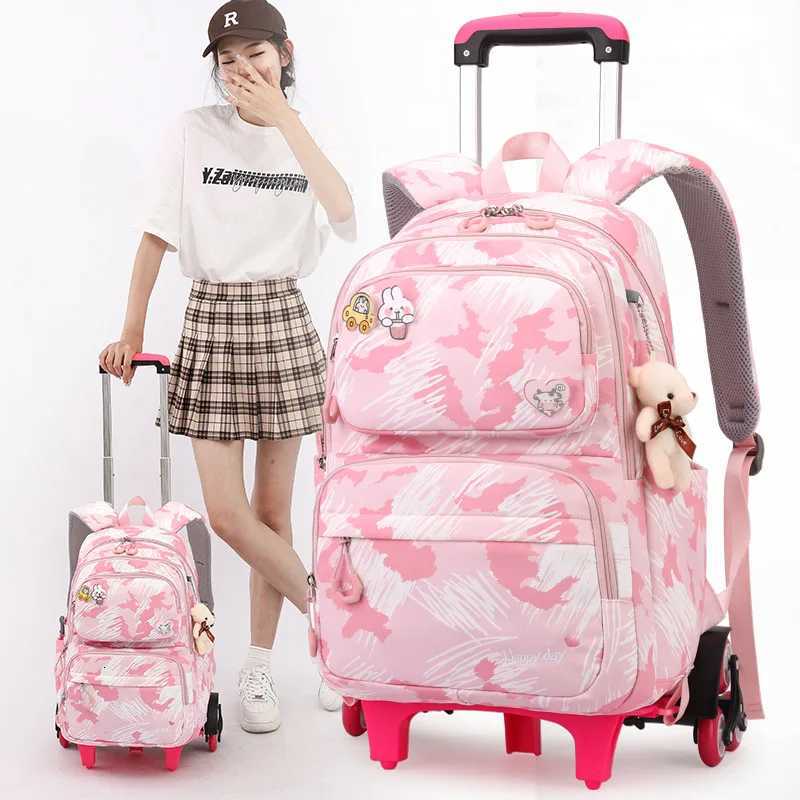 Rolling Wheeled Backpack Book Bags School Children School Bag With Wheels Students Backpack For Girls Trolley Bag Cute Schoolbag X2508153