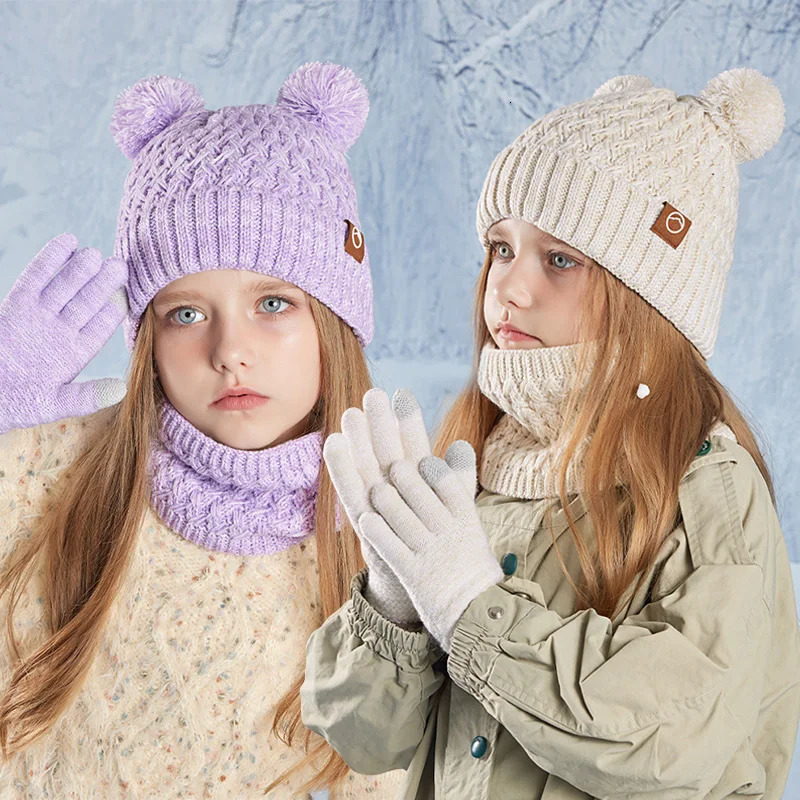 3Pcs Winter Kids Hat Set for Girls Boys Warm Knitted Children Beanie Scarf Gloves Fleece Lining Pompom Children Cap 4-10Y 250815