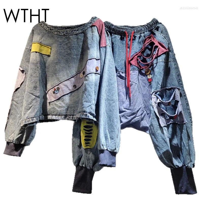 Women's Two Piece Pants WTHT Fashion Patchwork Color Hole O-neck Long Sleeve T-shirt Elastic Waist Loose Harem Jeans Female 2025 Autumn