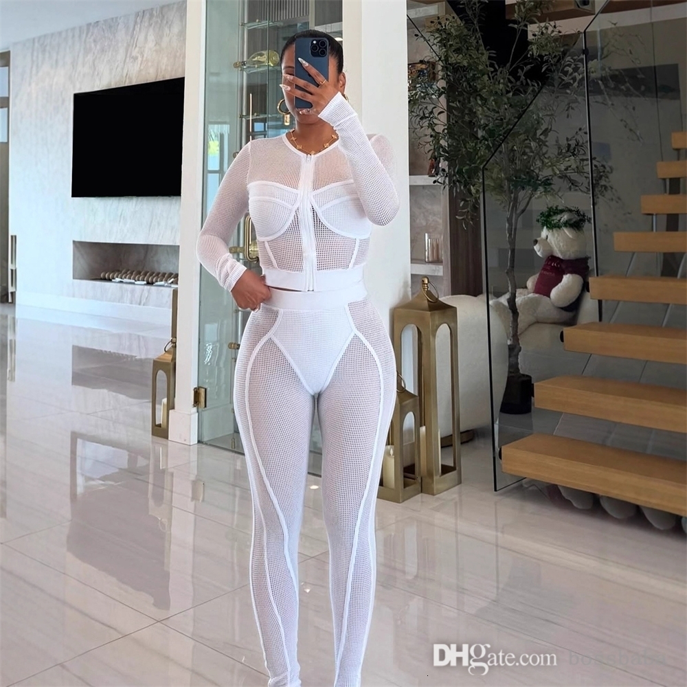 2025 Automne Fashion Mesh Womens Tracksuit Sexy Perspective Two Piece Femme Femmes Zipper Cardigan Skinny Pantal