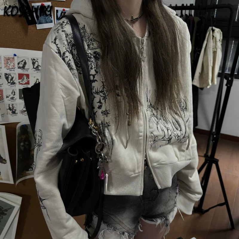 Autumn Y2k Aesthetic Cropped Hoodies Women Casual Printing Double Zippers Harajuku Punk Sweatshirt Gothic Fairy Grunge Jackets 250815