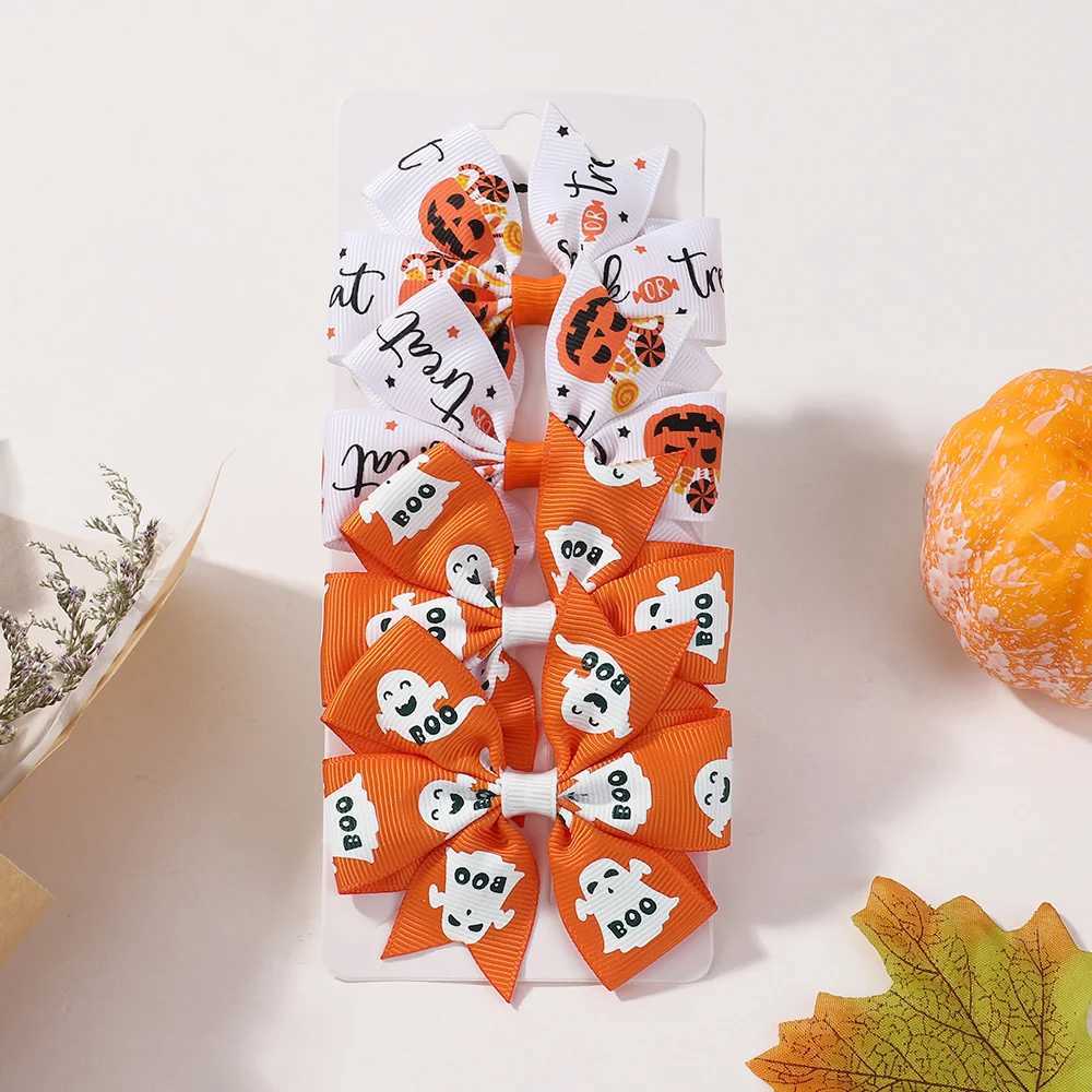4pcs / Set Halloween Kids Bows Clips de cheveux pour filles Print Ribbon Pinweel Clips latérale Pumpkin Squelette Childrens Accessoires de cheveu