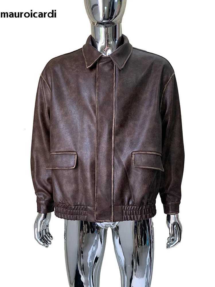 Mauroicardi automne en détresse brun aiguilleur brun veste en cuir pu veste hommes remin-down collier luxe américain rétro unisexe vêtements w250