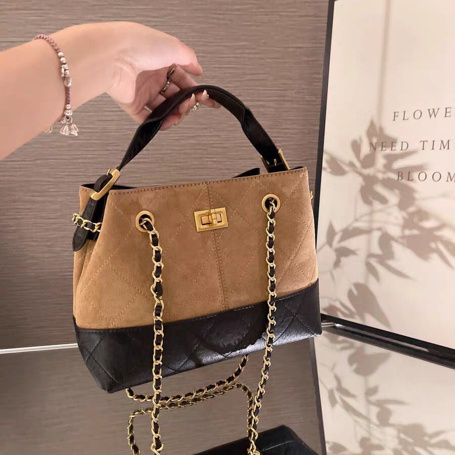 Textured Color-Block Suede for Women New Underarm Versatile Bucket Bag Single Shoulder Handbag