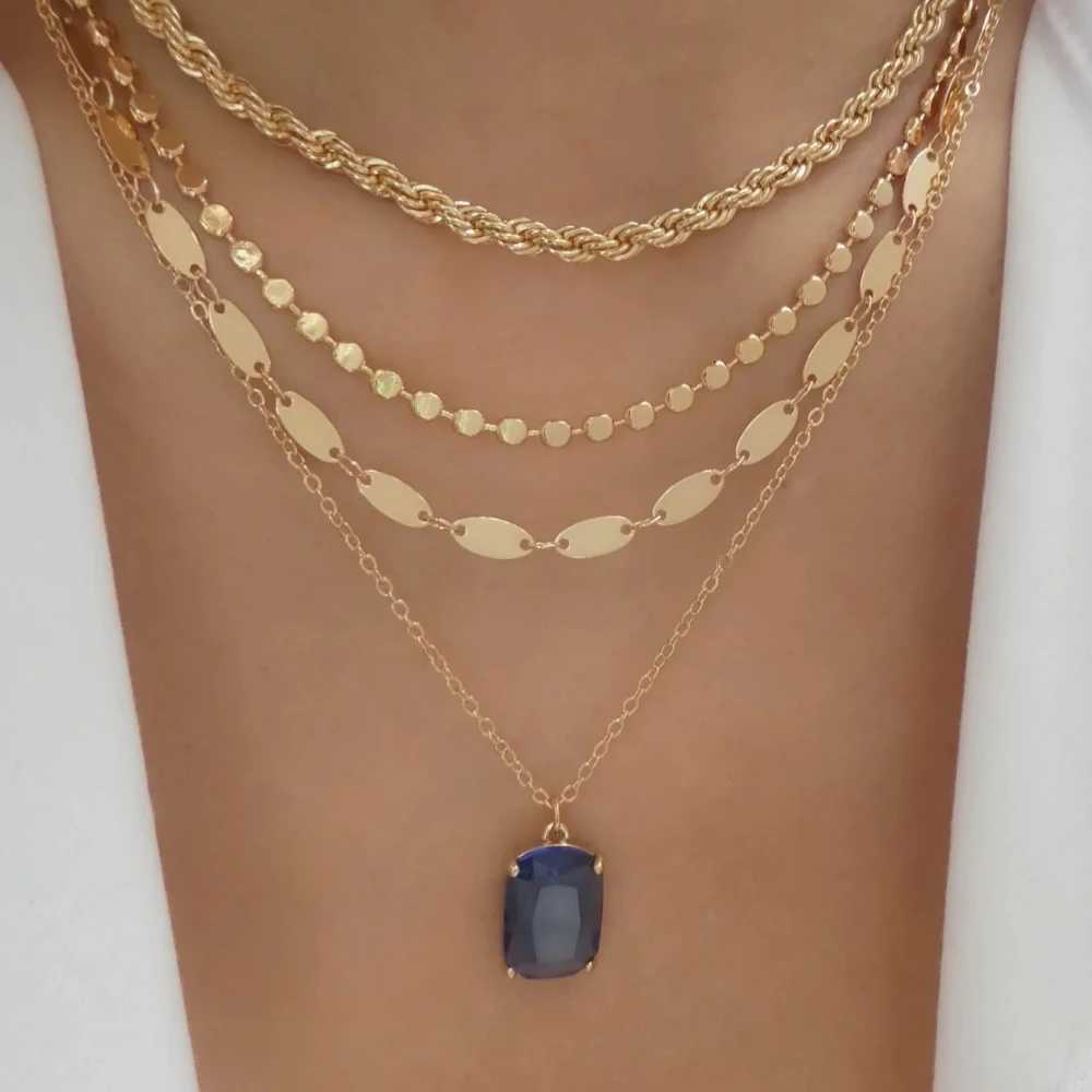 Boho Collier carré en acier inoxydable multicouche pour les femmes Colore Colliers de pendentif à cristaux multicolaires rectangulaires XJ250816