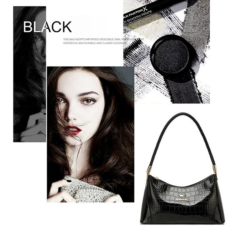 Women's Vintage Black Patent-Style PU Shoulder Bag, Extra-Large Half-Moon Pleated Crossbody Handbag with Crocodile-Texture Finish, Hard-Structured D