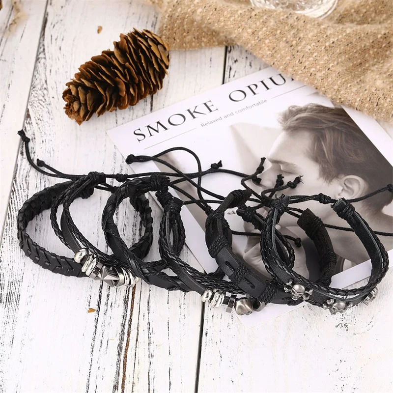 Mode 6Pcs Ensemble Gothique Punk Crâne Étoile Métal Multicouche Bracelet En Cuir Hommes Bracelets Bracelets Mâle Bras Bijoux Accessoire designer