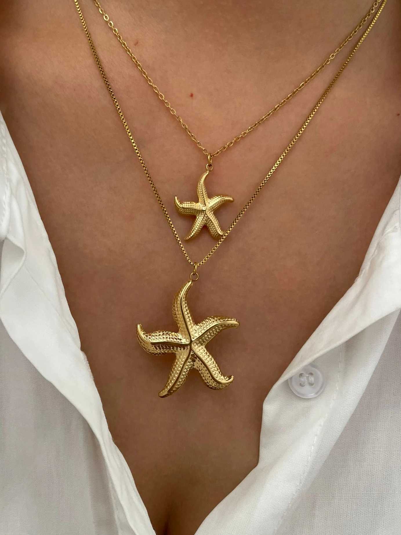 2 Sizes Gold Plated Starfish Pendant Necklace for Women Dainty Stainless Steel Waterproof Fashion Jewelry Summer BeachXJ250816
