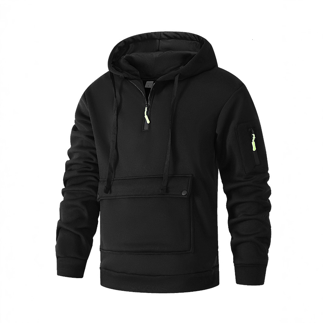 hoodie Autumn Winter Men's Pocket Design, Casual Hooded Sweatshirt with Arm Zipper and Pullover Style