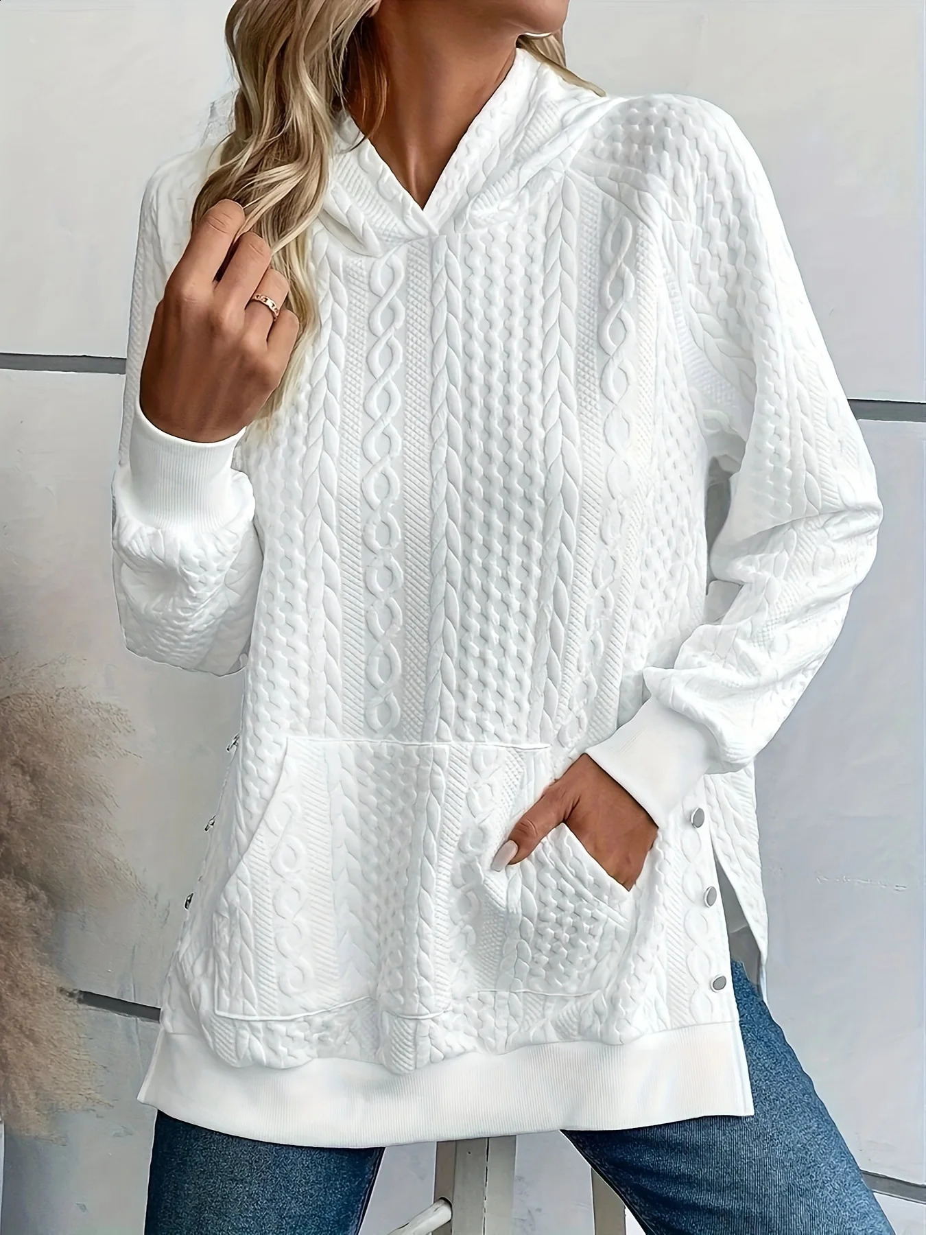 Plus Size Casual Sweatshirt Womens Solid Cable Long Sleeve Button Hoodie With Pockets 250815