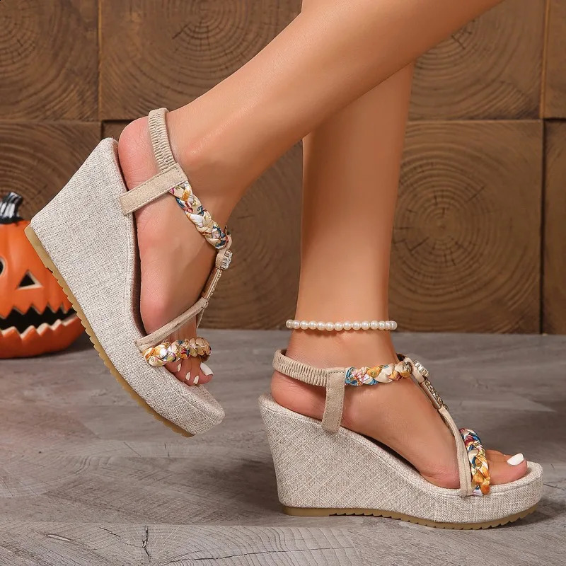 Fashion Flowers Bohemia Sandals for Women Summer Woven Band Flats Sandals Woman Non Slip Beach Sandles Plus Size 43 250814
