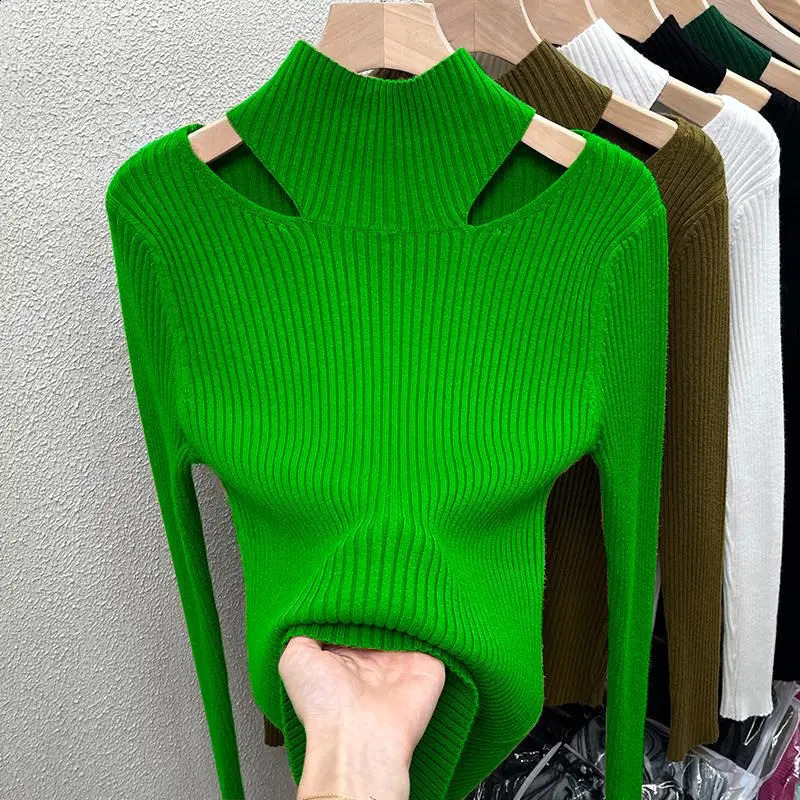 Semi-turtleneck Sweater Knitted Base Layer Womens Underwear Autumn and Winter Chic Cut-out Off-the-shoulder Top 250811