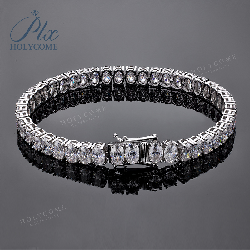Custom 4x6mm Oval Shaped Moissanite Chain 925 Sterling Silver Gold-Plated Tennis Bracelet Necklace Double Hip Hop Bestseller for Couples Gift