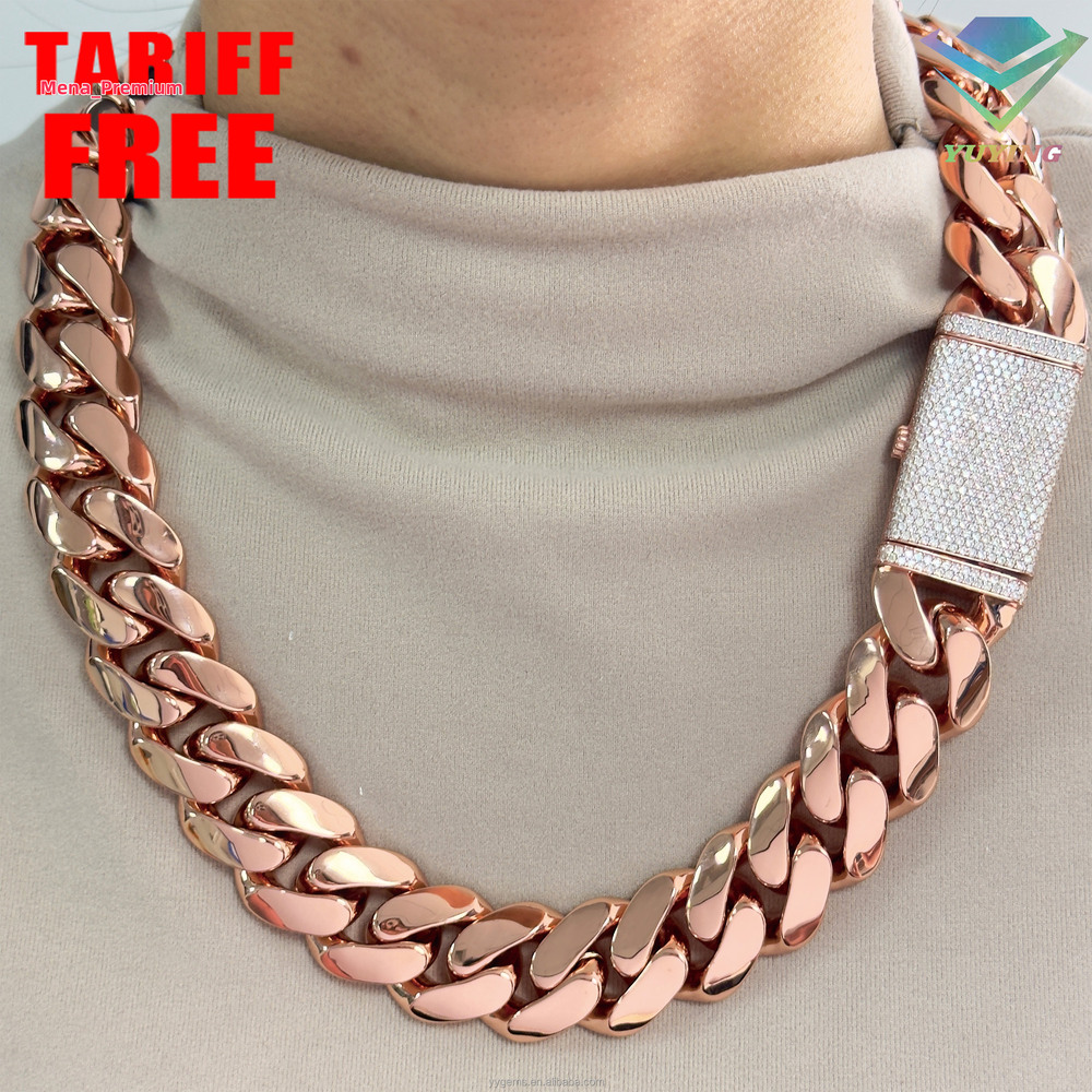 Custom Rose Gold Plated 22MM Wide Miami Cuban Link Chain Solid Silver Men Chain Moissanite Lock Cuban Chain Necklace Jewelry