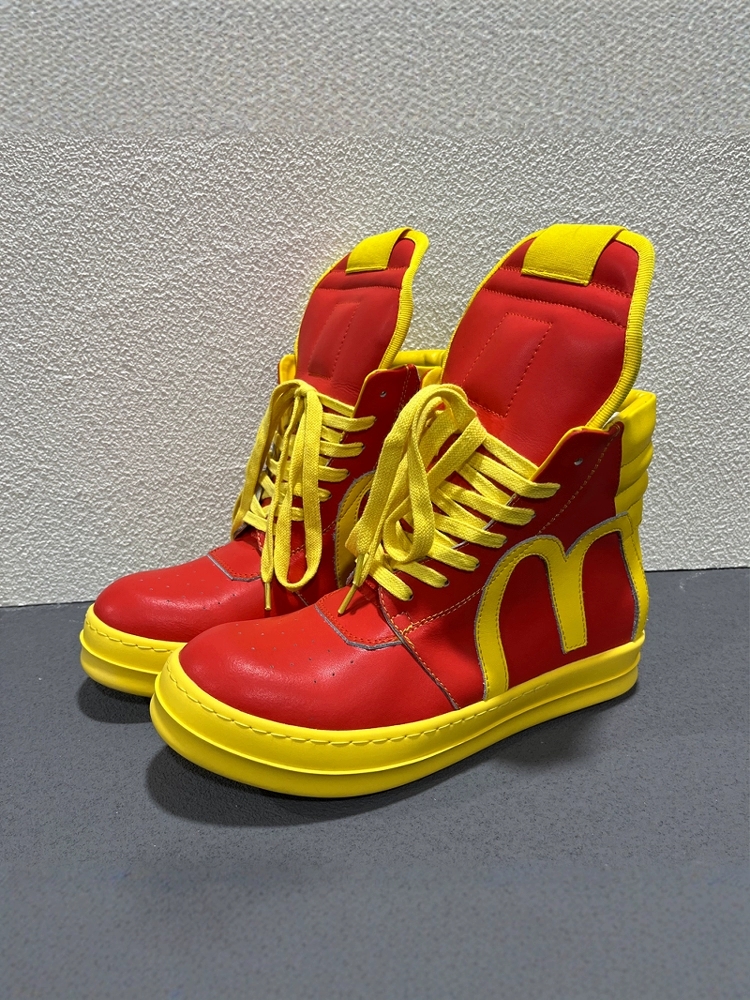Real Picture M letter Patchwork Genuine Leather Lace Up Flat High Street Rock Cowhide Boots