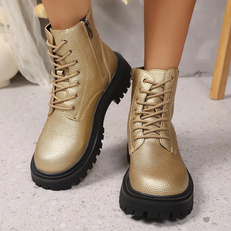 Fashion Gold PU Leather Platform Ankle Boots Women Thick Sole Lace Up Combat Booties Woman Autumn Winter Chunky Heel Short Boots 250814