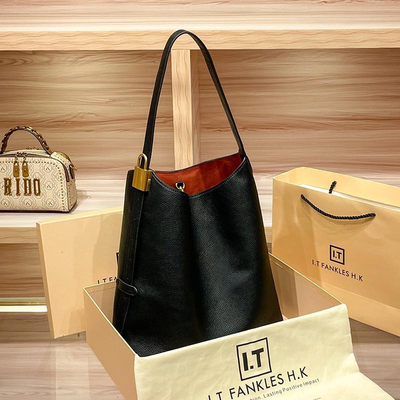 Genuine Leather Bucket for Women New Autumn Winter Large Capacity Commuter Tote Crossbody Shoulder Bag