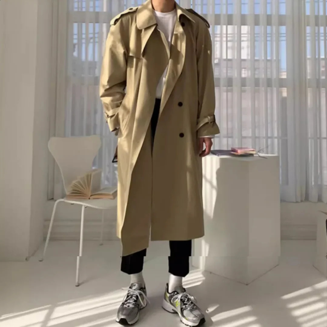 Korean Style Spring Trench Coat Man Streetwear Windbreaker Men Solid Business Casual Loose Sashe Fashion Long Overcoat y250805