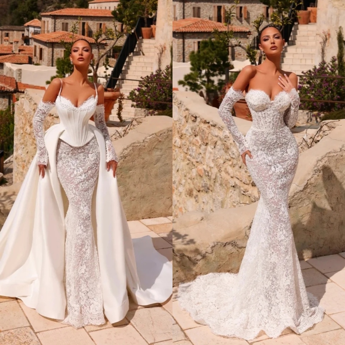 Simple Wedding Dresses Lace Applique Bridal Gowns Detachable Train Pearl Strapless Illusion Mermaid Customized Vestidos De Novia Plus Size