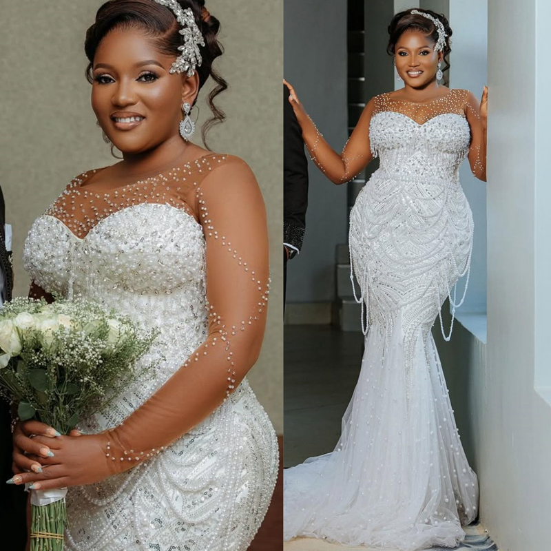 Arabic Aso Ebi Ivory Wedding Dress 2025 Mermaid Beaded Crystals Pearls Sheer Neck Simple Style Tassel Lace Bridal Gowns Dresses Detachable Train