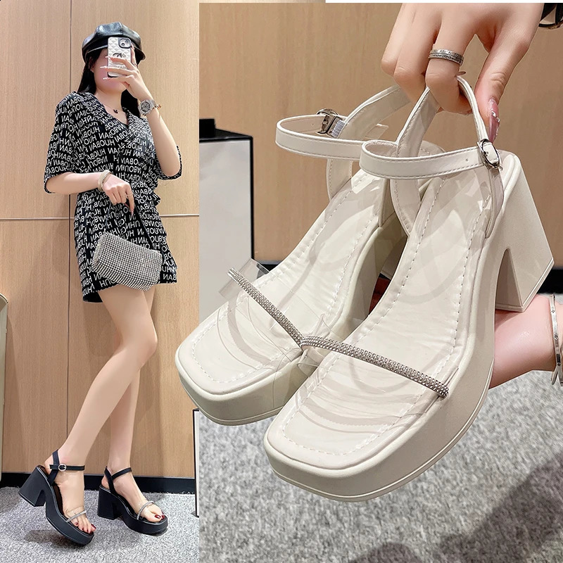 Summer Rhinestone Square Heel Sandals Women Shoes Fashion Transparent Buckle Outdoor Shoes Women Black White Big Size 42 Sandals 250814