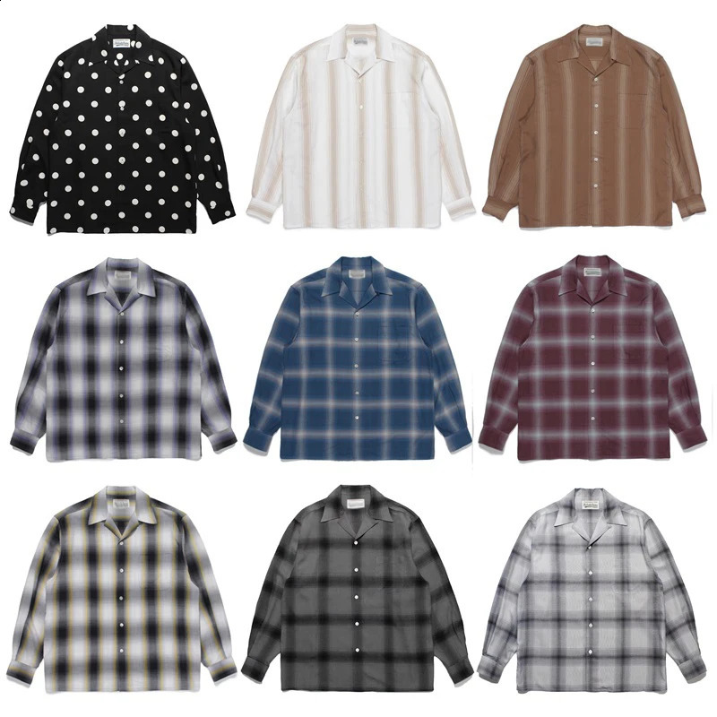 PDMCMS 23SS Vérifiez le collier ouvert Plaid Silk artificiel rayé Hawaiian à manches longues pour les hommes 250811