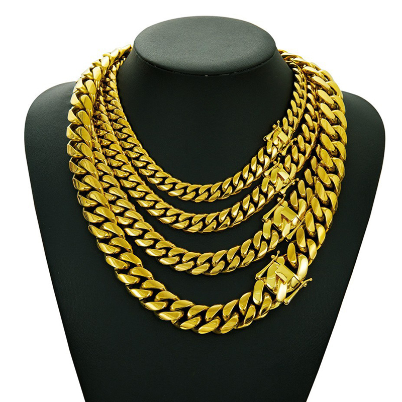 10mm-22mm Stainless Steel Miami Cuban Chain Necklace Bracelet 14K Gold Plated