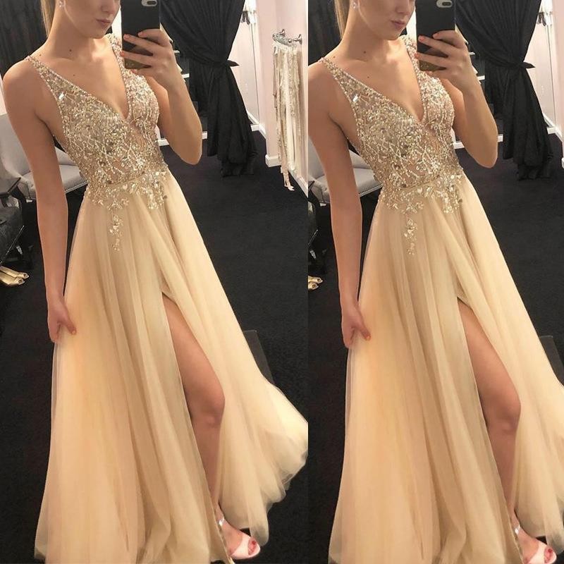 New solid color sequin long sleeveless fashionable slim fit temperament mid length evening gown